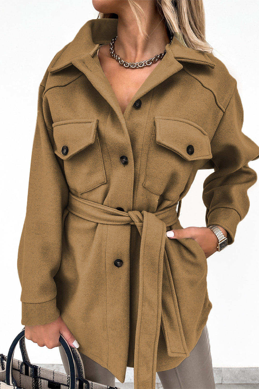 Khaki Women's Lapel Button Down Coat Winter Belted Coat with Pockets LC8511359-1016