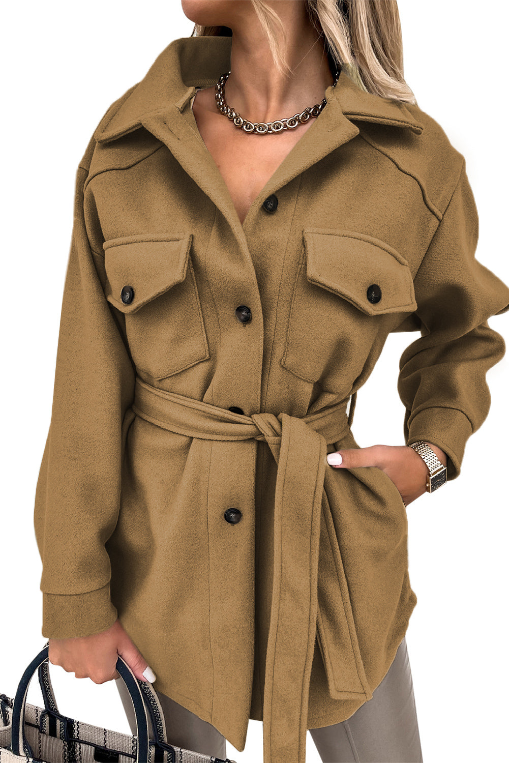 Khaki Women's Lapel Button Down Coat Winter Belted Coat with Pockets LC8511359-1016