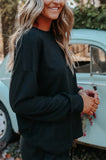 LC15306-2-S, LC15306-2-M, LC15306-2-L, LC15306-2-XL, LC15306-2-2XL, Black Women's Long Sleeve Sweatsuit Set Pullover and Jogger Pants Lounge Set