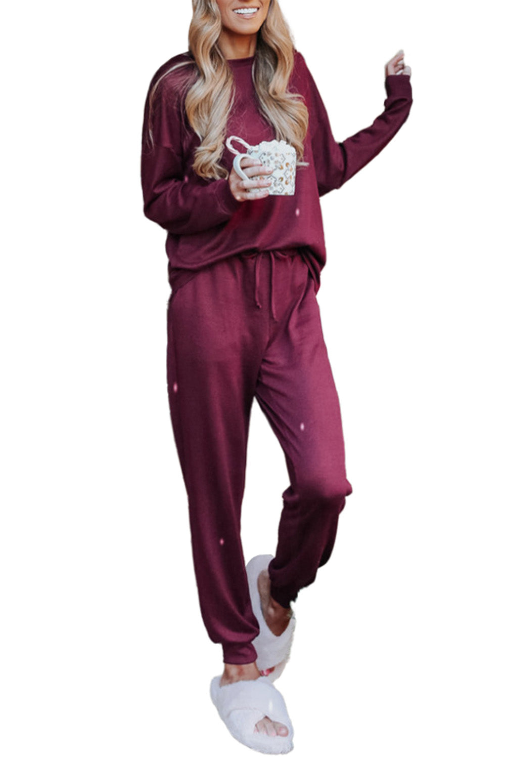 LC15306-3-S, LC15306-3-M, LC15306-3-L, LC15306-3-XL, LC15306-3-2XL, Red Women's Long Sleeve Sweatsuit Set Pullover and Jogger Pants Lounge Set