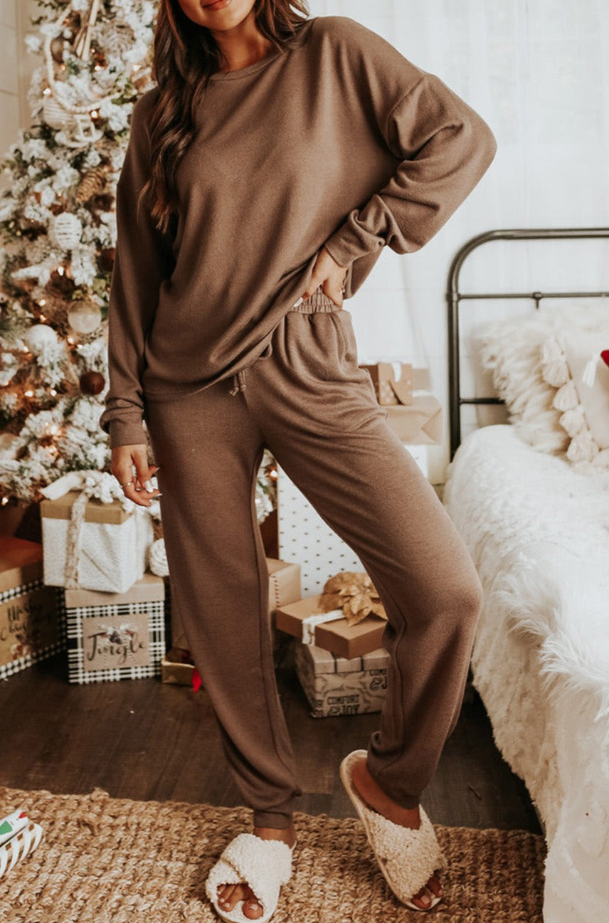 LC15306-16-S, LC15306-16-M, LC15306-16-L, LC15306-16-XL, LC15306-16-2XL, Khaki Women's Long Sleeve Sweatsuit Set Pullover and Jogger Pants Lounge Set