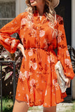 LC6111317-14-S, LC6111317-14-M, LC6111317-14-L, LC6111317-14-XL, Orange Vintage Floral Print Drawstring Flowy Dress