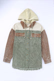 LC8512025-9-S, LC8512025-9-M, LC8512025-9-L, LC8512025-9-XL, LC8512025-9-2XL, Green Corduroy Shacket Jacket Button Down Hooded Coat with Pockets