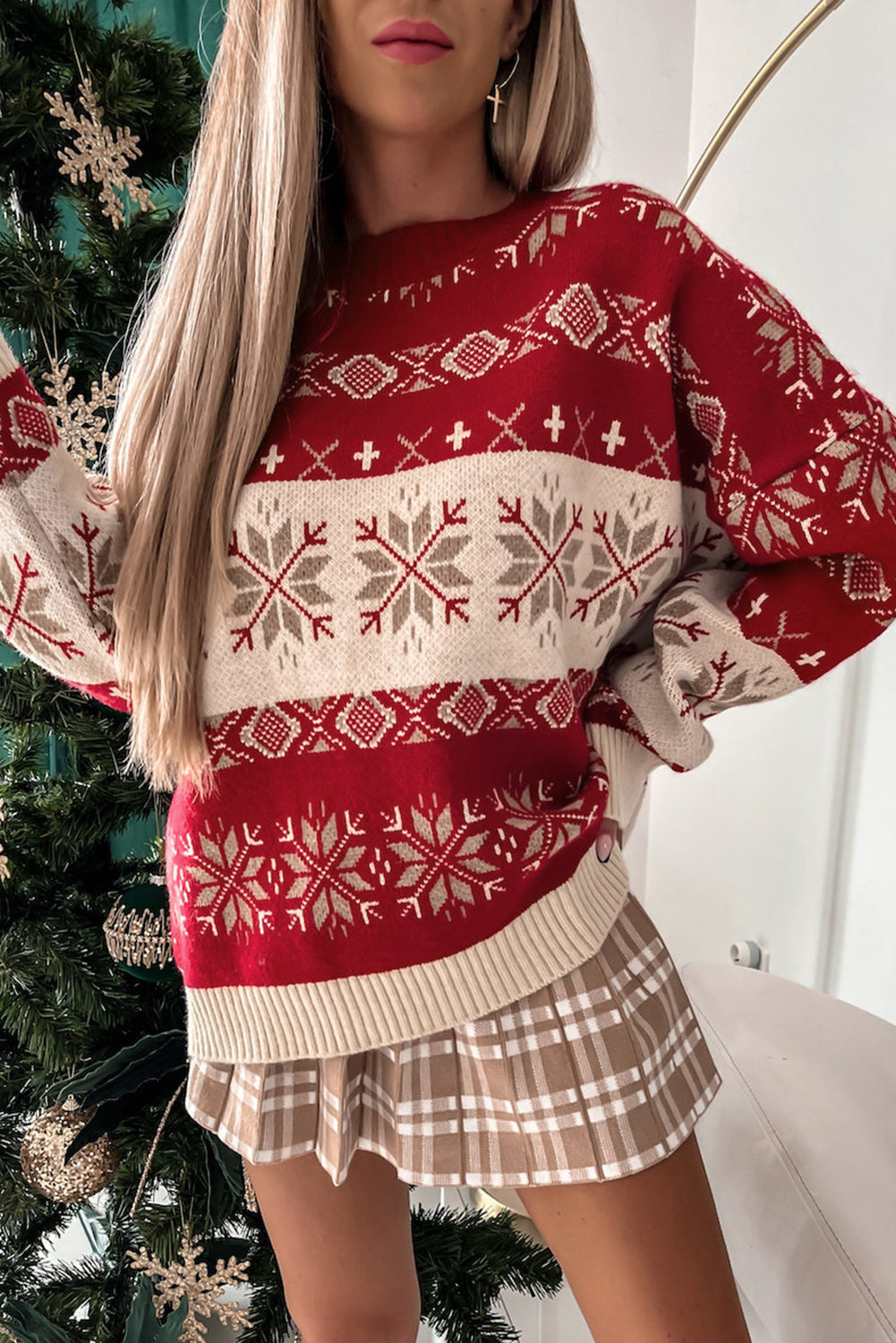 LC2722541-3-S, LC2722541-3-M, LC2722541-3-L, LC2722541-3-XL, LC2722541-3-2XL, Red Christmas Snowflake Ugly Christmas Sweater Jumper Pullover Tops