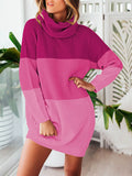 PSE2216-106-XL, PSE2216-106-L, PSE2216-106-M, PSE2216-106-S, PSE2216-106-2XL, PSE2216-106-3XL, Rose Red Women's Oversized Turtleneck Pullover Sweater Dress