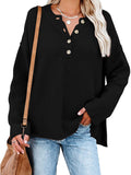 LC2722726-2-S, LC2722726-2-M, LC2722726-2-L, LC2722726-2-XL, Black Women's Oversized Sweaters Batwing Sleeve Button Up Color Block Henley Pullover Knit Jumper