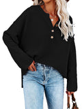 LC2722726-2-S, LC2722726-2-M, LC2722726-2-L, LC2722726-2-XL, Black Women's Oversized Sweaters Batwing Sleeve Button Up Color Block Henley Pullover Knit Jumper