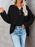 LC2722726-2-S, LC2722726-2-M, LC2722726-2-L, LC2722726-2-XL, Black Women's Oversized Sweaters Batwing Sleeve Button Up Color Block Henley Pullover Knit Jumper