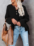 LC2722726-2-S, LC2722726-2-M, LC2722726-2-L, LC2722726-2-XL, Black Women's Oversized Sweaters Batwing Sleeve Button Up Color Block Henley Pullover Knit Jumper