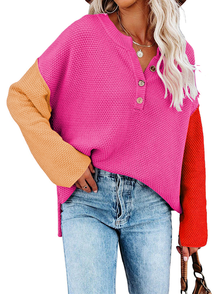 LC2722726-6-S, LC2722726-6-M, LC2722726-6-L, LC2722726-6-XL, Rose Red Women's Oversized Sweaters Batwing Sleeve Button Up Color Block Henley Pullover Knit Jumper