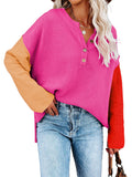 LC2722726-6-S, LC2722726-6-M, LC2722726-6-L, LC2722726-6-XL, Rose Red Women's Oversized Sweaters Batwing Sleeve Button Up Color Block Henley Pullover Knit Jumper