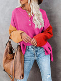 LC2722726-6-S, LC2722726-6-M, LC2722726-6-L, LC2722726-6-XL, Rose Red Women's Oversized Sweaters Batwing Sleeve Button Up Color Block Henley Pullover Knit Jumper