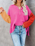 LC2722726-6-S, LC2722726-6-M, LC2722726-6-L, LC2722726-6-XL, Rose Red Women's Oversized Sweaters Batwing Sleeve Button Up Color Block Henley Pullover Knit Jumper