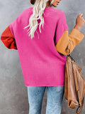 LC2722726-6-S, LC2722726-6-M, LC2722726-6-L, LC2722726-6-XL, Rose Red Women's Oversized Sweaters Batwing Sleeve Button Up Color Block Henley Pullover Knit Jumper