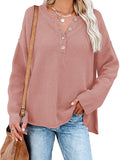 LC2722726-10-S, LC2722726-10-M, LC2722726-10-L, LC2722726-10-XL, Pink Women's Oversized Sweaters Batwing Sleeve Button Up Color Block Henley Pullover Knit Jumper