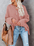 LC2722726-10-S, LC2722726-10-M, LC2722726-10-L, LC2722726-10-XL, Pink Women's Oversized Sweaters Batwing Sleeve Button Up Color Block Henley Pullover Knit Jumper