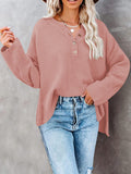 LC2722726-10-S, LC2722726-10-M, LC2722726-10-L, LC2722726-10-XL, Pink Women's Oversized Sweaters Batwing Sleeve Button Up Color Block Henley Pullover Knit Jumper