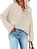 LC2722726-15-S, LC2722726-15-M, LC2722726-15-L, LC2722726-15-XL, Beige Women's Oversized Sweaters Batwing Sleeve Button Up Color Block Henley Pullover Knit Jumper