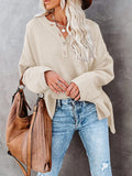 LC2722726-15-S, LC2722726-15-M, LC2722726-15-L, LC2722726-15-XL, Beige Women's Oversized Sweaters Batwing Sleeve Button Up Color Block Henley Pullover Knit Jumper