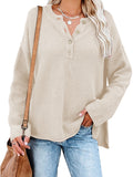 LC2722726-15-S, LC2722726-15-M, LC2722726-15-L, LC2722726-15-XL, Beige Women's Oversized Sweaters Batwing Sleeve Button Up Color Block Henley Pullover Knit Jumper