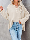 LC2722726-15-S, LC2722726-15-M, LC2722726-15-L, LC2722726-15-XL, Beige Women's Oversized Sweaters Batwing Sleeve Button Up Color Block Henley Pullover Knit Jumper
