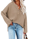 LC2722726-16-S, LC2722726-16-M, LC2722726-16-L, LC2722726-16-XL, Khaki Women's Oversized Sweaters Batwing Sleeve Button Up Color Block Henley Pullover Knit Jumper