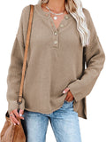 LC2722726-16-S, LC2722726-16-M, LC2722726-16-L, LC2722726-16-XL, Khaki Women's Oversized Sweaters Batwing Sleeve Button Up Color Block Henley Pullover Knit Jumper