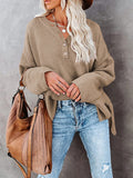 LC2722726-16-S, LC2722726-16-M, LC2722726-16-L, LC2722726-16-XL, Khaki Women's Oversized Sweaters Batwing Sleeve Button Up Color Block Henley Pullover Knit Jumper