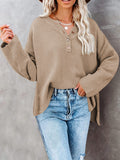 LC2722726-16-S, LC2722726-16-M, LC2722726-16-L, LC2722726-16-XL, Khaki Women's Oversized Sweaters Batwing Sleeve Button Up Color Block Henley Pullover Knit Jumper