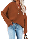 LC2722726-17-S, LC2722726-17-M, LC2722726-17-L, LC2722726-17-XL, Brown Women's Oversized Sweaters Batwing Sleeve Button Up Color Block Henley Pullover Knit Jumper