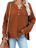 LC2722726-17-S, LC2722726-17-M, LC2722726-17-L, LC2722726-17-XL, Brown Women's Oversized Sweaters Batwing Sleeve Button Up Color Block Henley Pullover Knit Jumper