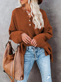 LC2722726-17-S, LC2722726-17-M, LC2722726-17-L, LC2722726-17-XL, Brown Women's Oversized Sweaters Batwing Sleeve Button Up Color Block Henley Pullover Knit Jumper