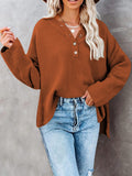 LC2722726-17-S, LC2722726-17-M, LC2722726-17-L, LC2722726-17-XL, Brown Women's Oversized Sweaters Batwing Sleeve Button Up Color Block Henley Pullover Knit Jumper