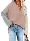 LC2722726-18-S, LC2722726-18-M, LC2722726-18-L, LC2722726-18-XL, Apricot Women's Oversized Sweaters Batwing Sleeve Button Up Color Block Henley Pullover Knit Jumper