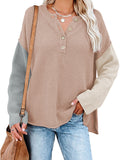 LC2722726-18-S, LC2722726-18-M, LC2722726-18-L, LC2722726-18-XL, Apricot Women's Oversized Sweaters Batwing Sleeve Button Up Color Block Henley Pullover Knit Jumper