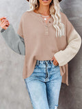 LC2722726-18-S, LC2722726-18-M, LC2722726-18-L, LC2722726-18-XL, Apricot Women's Oversized Sweaters Batwing Sleeve Button Up Color Block Henley Pullover Knit Jumper