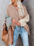 LC2722726-18-S, LC2722726-18-M, LC2722726-18-L, LC2722726-18-XL, Apricot Women's Oversized Sweaters Batwing Sleeve Button Up Color Block Henley Pullover Knit Jumper
