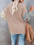 LC2722726-18-S, LC2722726-18-M, LC2722726-18-L, LC2722726-18-XL, Apricot Women's Oversized Sweaters Batwing Sleeve Button Up Color Block Henley Pullover Knit Jumper