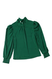 LC25115398-9-S, LC25115398-9-M, LC25115398-9-L, LC25115398-9-XL, LC25115398-9-2XL, Green Mock Neck Puff Long Sleeve Blouses Chiffon Casual Loose Shirts Tops