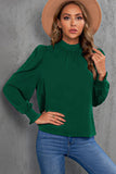 LC25115398-9-S, LC25115398-9-M, LC25115398-9-L, LC25115398-9-XL, LC25115398-9-2XL, Green Mock Neck Puff Long Sleeve Blouses Chiffon Casual Loose Shirts Tops