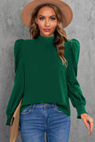 LC25115398-9-S, LC25115398-9-M, LC25115398-9-L, LC25115398-9-XL, LC25115398-9-2XL, Green Mock Neck Puff Long Sleeve Blouses Chiffon Casual Loose Shirts Tops