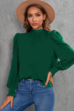 LC25115398-9-S, LC25115398-9-M, LC25115398-9-L, LC25115398-9-XL, LC25115398-9-2XL, Green Mock Neck Puff Long Sleeve Blouses Chiffon Casual Loose Shirts Tops