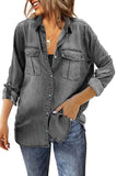 LC2551584-2-S, LC2551584-2-M, LC2551584-2-L, LC2551584-2-XL, LC2551584-2-2XL, Black Womens Boyfriend Oversized Denim Jacket Buttoned Turn Down Collar Denim Shirt with Pocket
