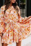 LC6111317-2014-S, LC6111317-2014-M, LC6111317-2014-L, LC6111317-2014-XL, Orange Vintage Floral Print Drawstring Flowy Dress