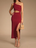 LC6110015-3-S, LC6110015-3-M, LC6110015-3-L, LC6110015-3-XL, Red Womens Sexy One Shoulder Cut Out Midi Dress Party Dress with Side Slit