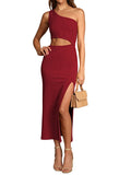 LC6110015-3-S, LC6110015-3-M, LC6110015-3-L, LC6110015-3-XL, Red Womens Sexy One Shoulder Cut Out Midi Dress Party Dress with Side Slit