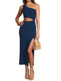 LC6110015-5-S, LC6110015-5-M, LC6110015-5-L, LC6110015-5-XL, LC6110015-5-XS, Blue Womens Sexy One Shoulder Cut Out Midi Dress Party Dress with Side Slit
