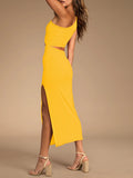 LC6110015-7-S, LC6110015-7-M, LC6110015-7-L, LC6110015-7-XL, Yellow Womens Sexy One Shoulder Cut Out Midi Dress Party Dress with Side Slit