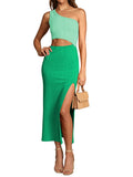 LC6110015-209-S, LC6110015-209-M, LC6110015-209-L, LC6110015-209-XL, LC6110015-209-XS, Green Womens Sexy One Shoulder Cut Out Midi Dress Party Dress with Side Slit