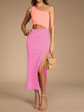 LC6110015-1010-S, LC6110015-1010-M, LC6110015-1010-L, LC6110015-1010-XL, LC6110015-1010-XS, Pink Womens Sexy One Shoulder Cut Out Midi Dress Party Dress with Side Slit